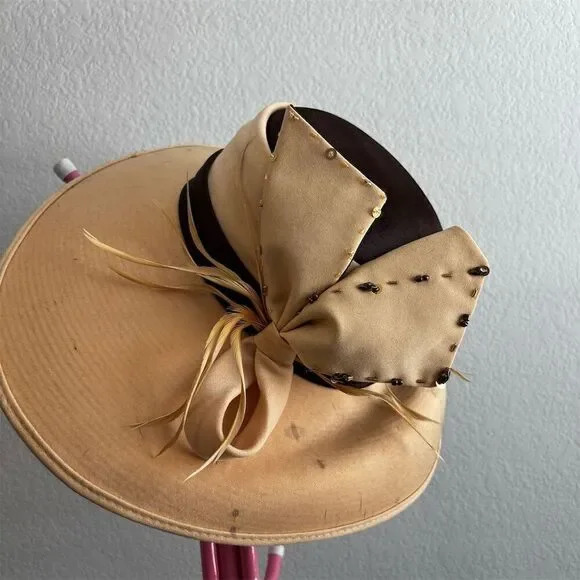 Midnight Velvet Vintage Beige Hat Beaded Bow & Feathers One Size - Picture 5 of 8